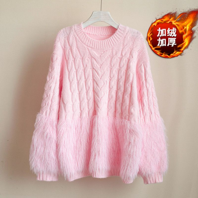 加绒加厚优质仿水貂流苏毛衣女冬季设计感小众宽松套头针织衫上衣
