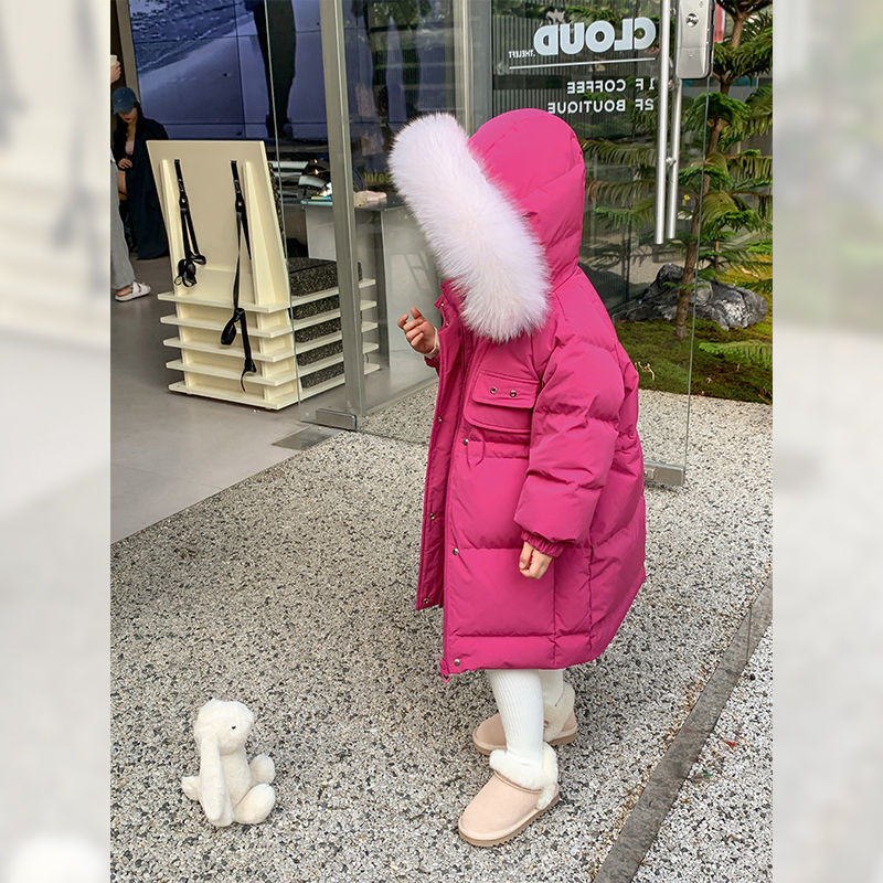 鸭鸭女童羽绒羽绒服冬装2023新款大毛领羽绒服儿童加厚女宝中长