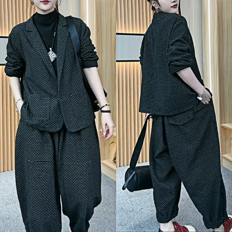 欧洲站2023秋季新款时尚开衫西装外套百搭宽松显瘦阔腿裤两件套女