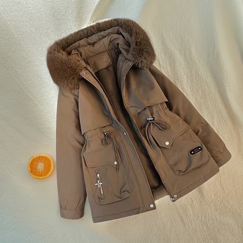 新款韩版2024加绒加厚冬季女大毛领宽松小个子棉衣外套棉袄派克服