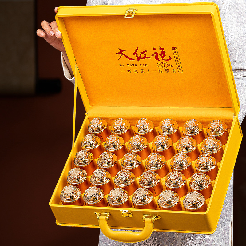 节日送礼新茶武夷大红袍茶叶岩茶肉桂30罐高档皮质礼盒装