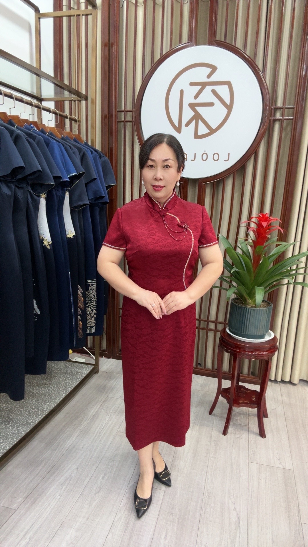 170113六礼酒红色小立领长1.13短袖中国风旗袍中式气质中长款提花