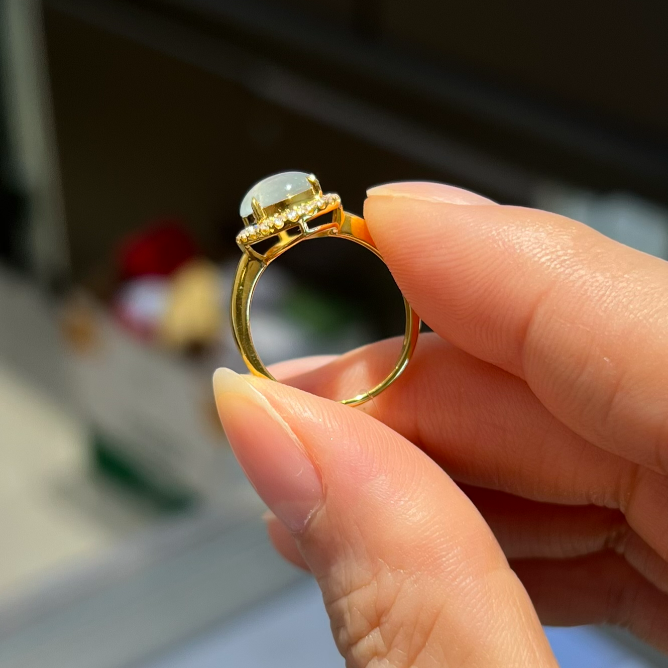 【凤仪珠宝】翡翠冰种戒指18K金钻石镶嵌镶钻圆戒精致闭口时尚女士