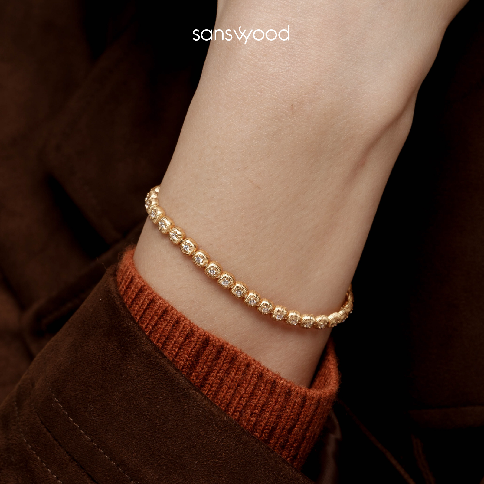 sanswood 925银手链 《蜜糖》超闪纯银方块手链女高级满钻拉丝手串