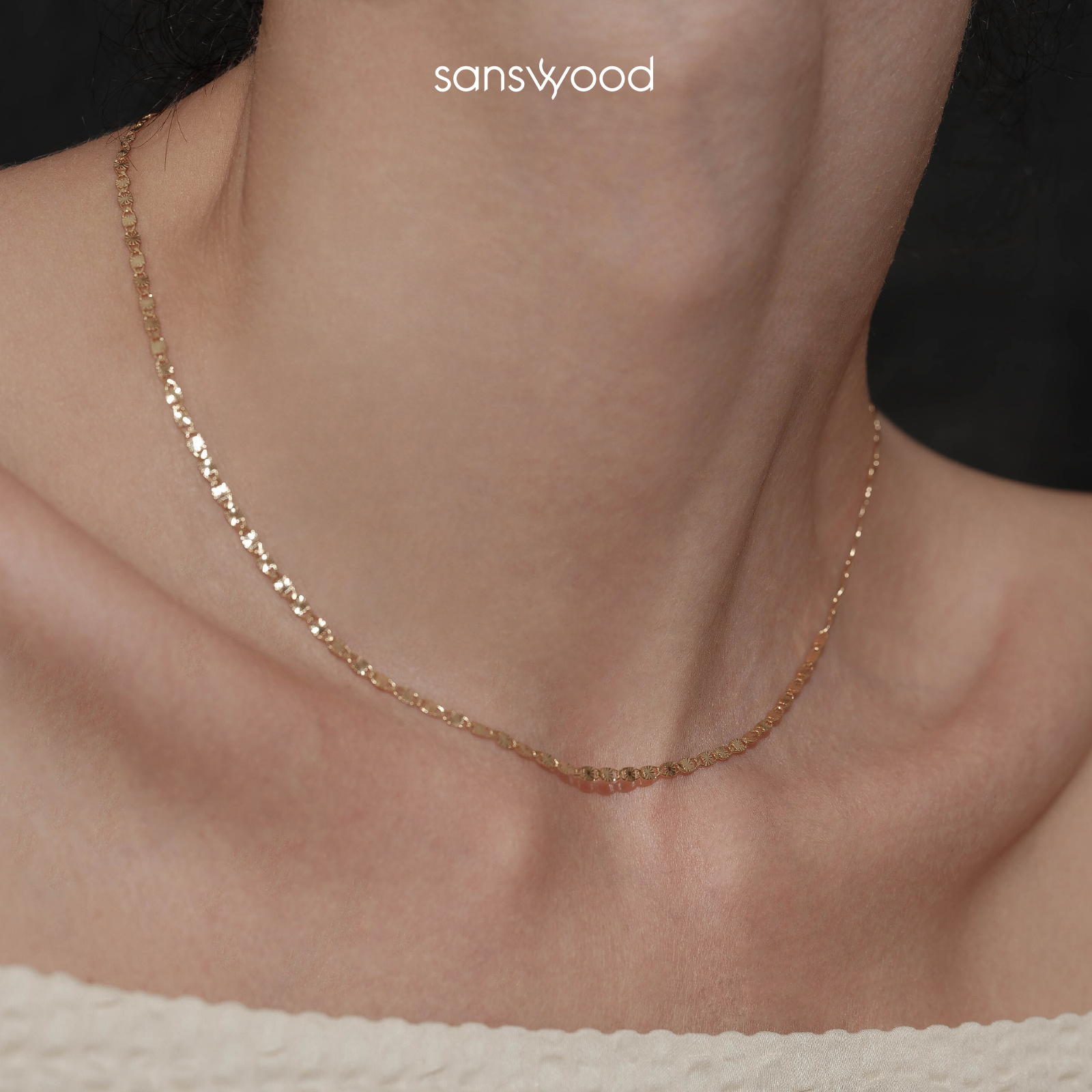 sanswood 链子925银 时尚百搭细闪嘴唇链素链简约通勤叠戴项链女