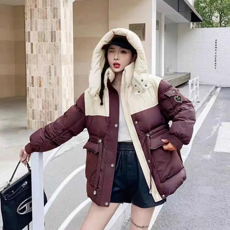 D345-酒红撞米色-设计师款-羽绒服白鸭绒休闲时尚百搭