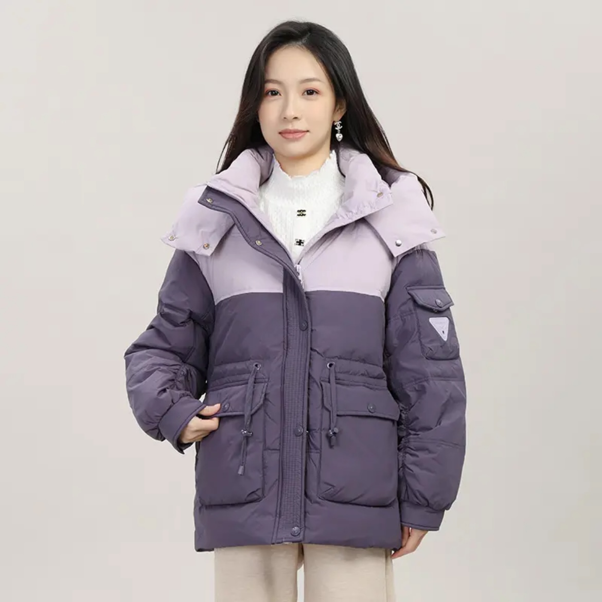 D331-蓝色拼接-设计师款-羽绒服白鸭绒休闲时尚百搭