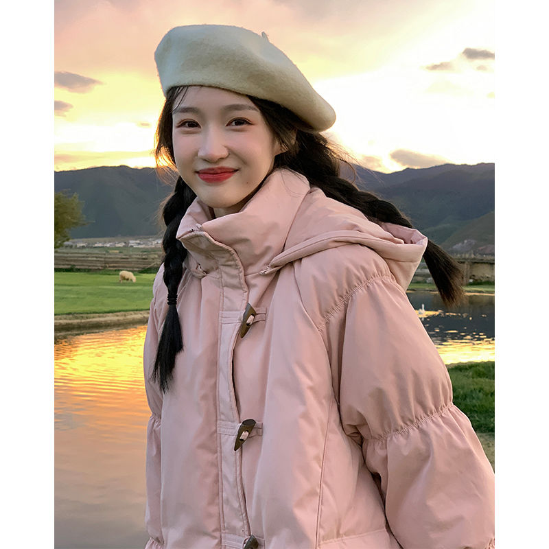 时尚羽绒服女2023纯色学粉色连帽甜美少小个子洋气休闲百搭