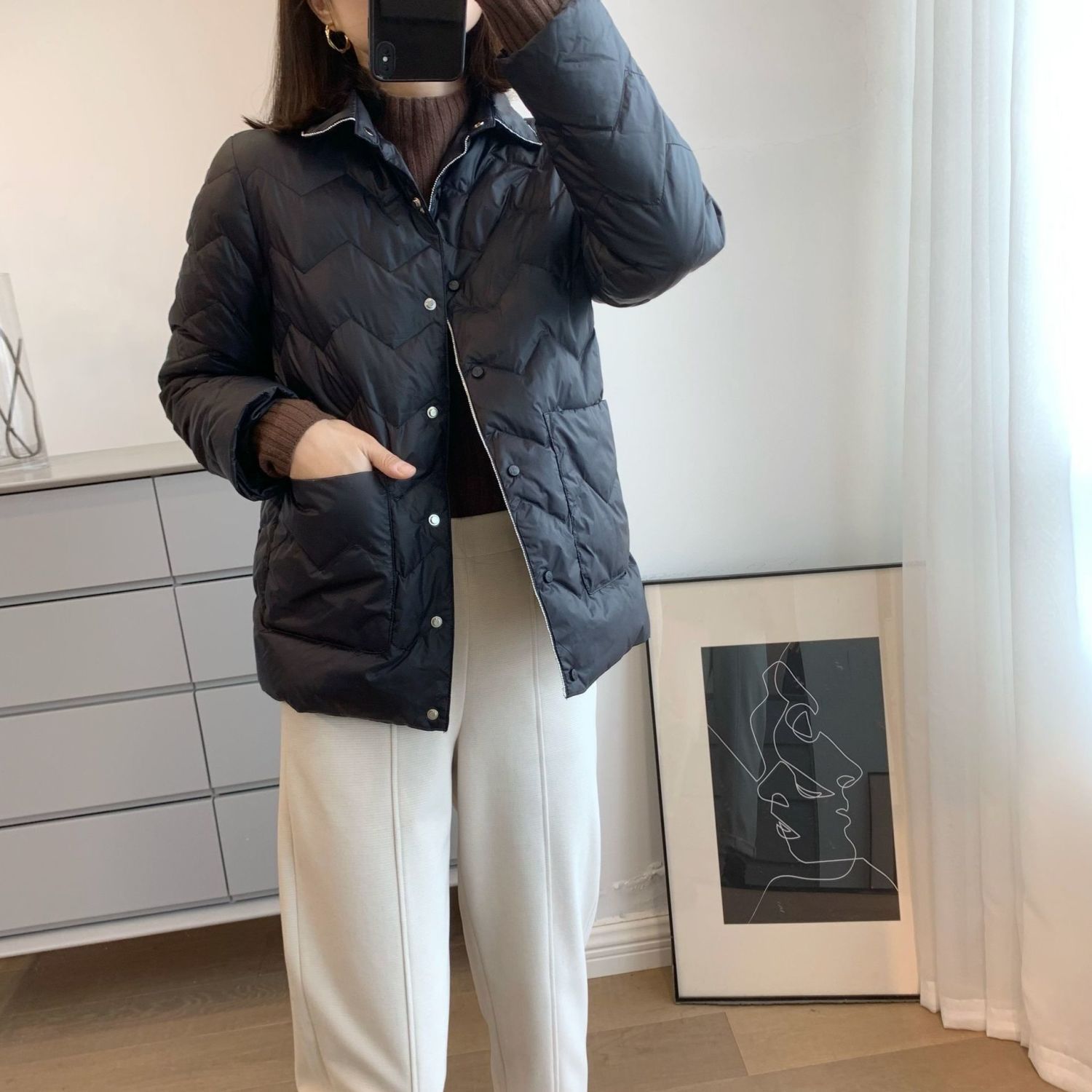时尚羽绒服轻薄款羽绒服衬衫女高档白鸭绒翻领短款精致珠链