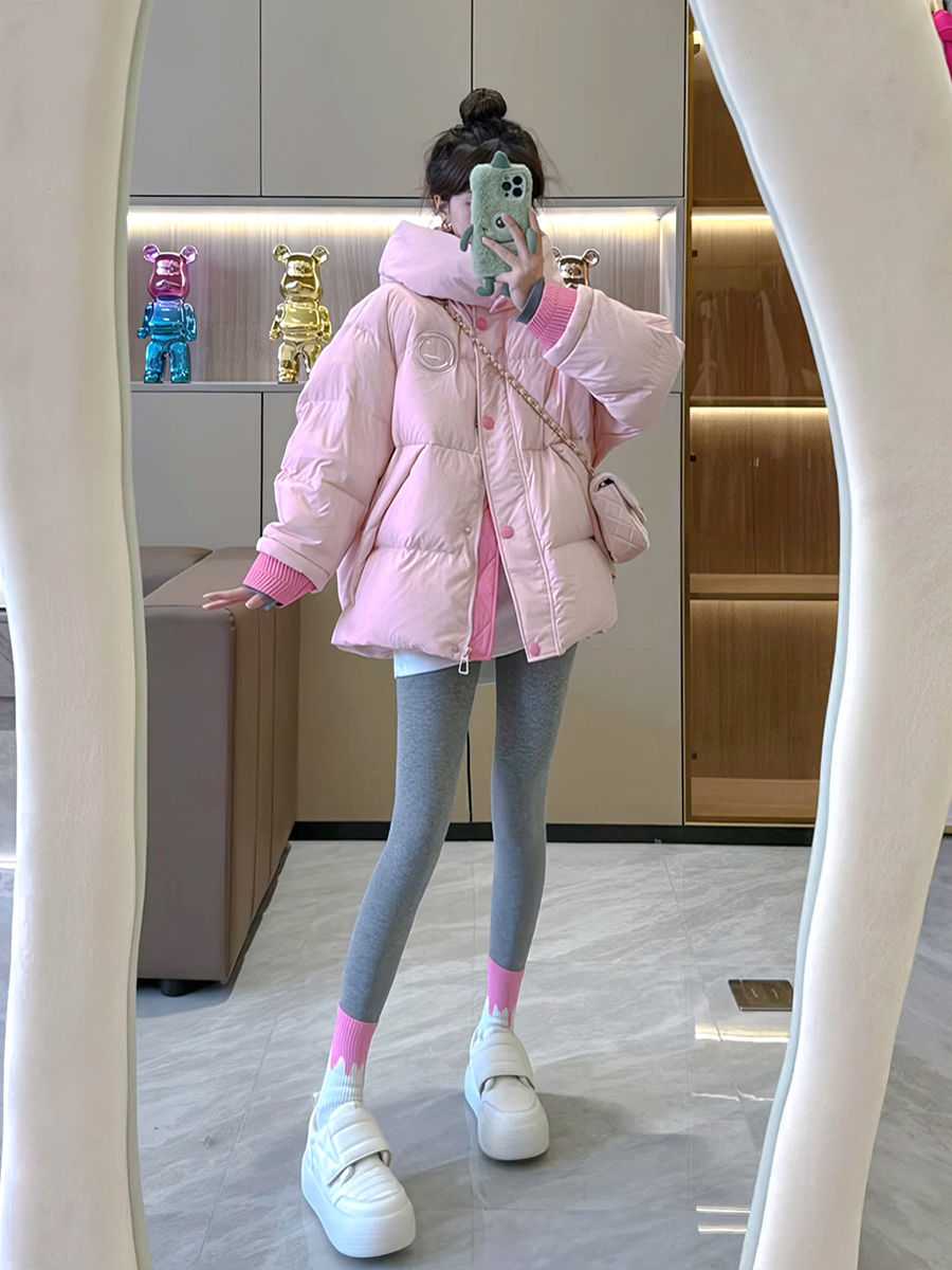 时尚粉色小个子羽服女2023年季宽松加厚保暖甜美时尚外套