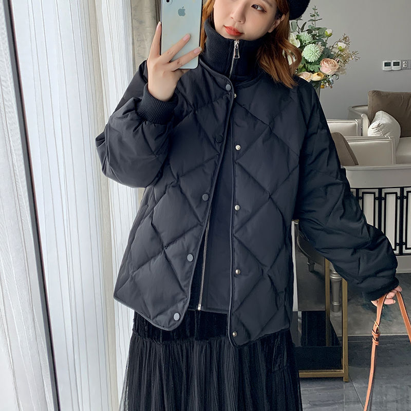 时尚羽绒服韩版拼接羽绒服女小个子冬季短款菱格厚外套
