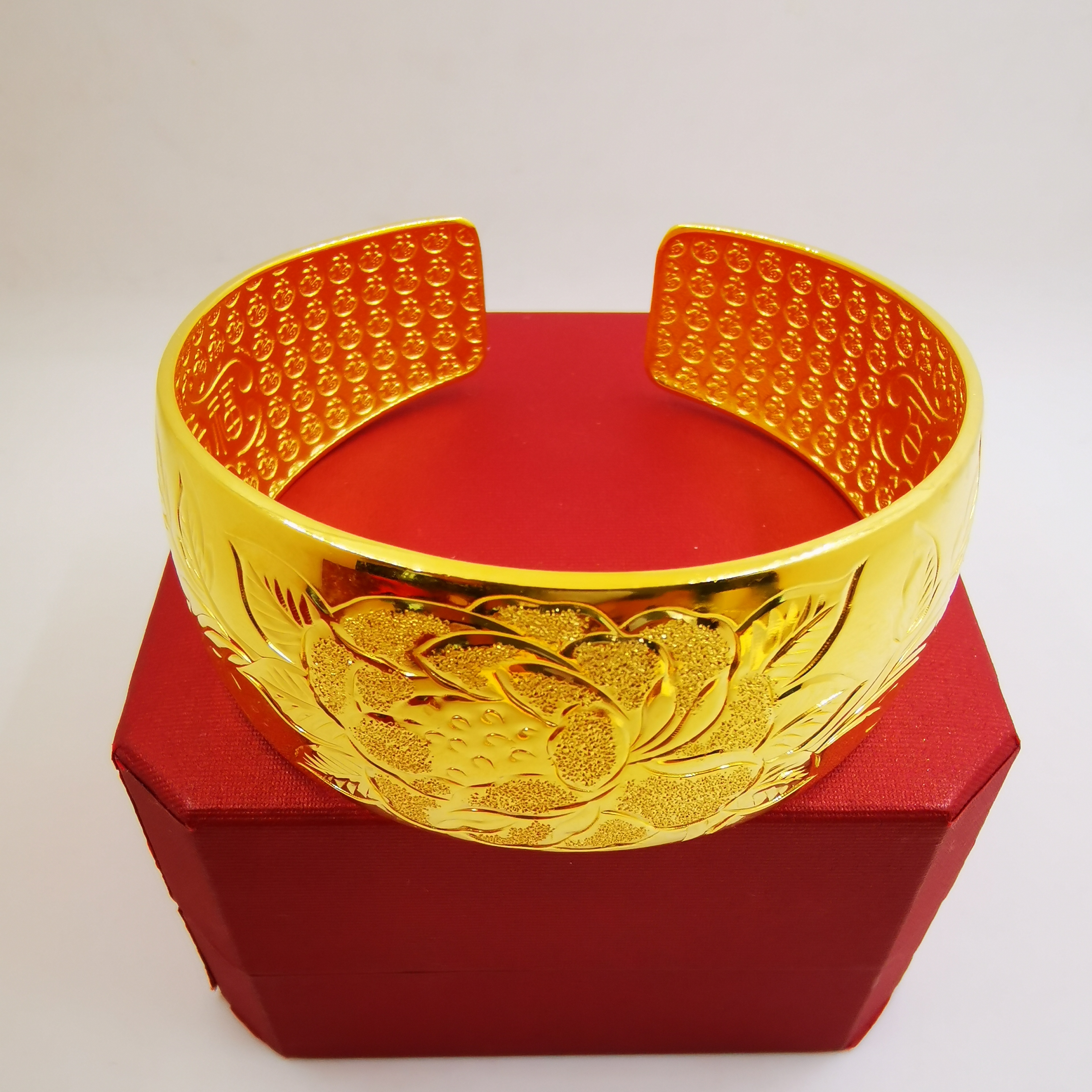 足银手镯 金银开口牡丹花手镯女款光面民族风