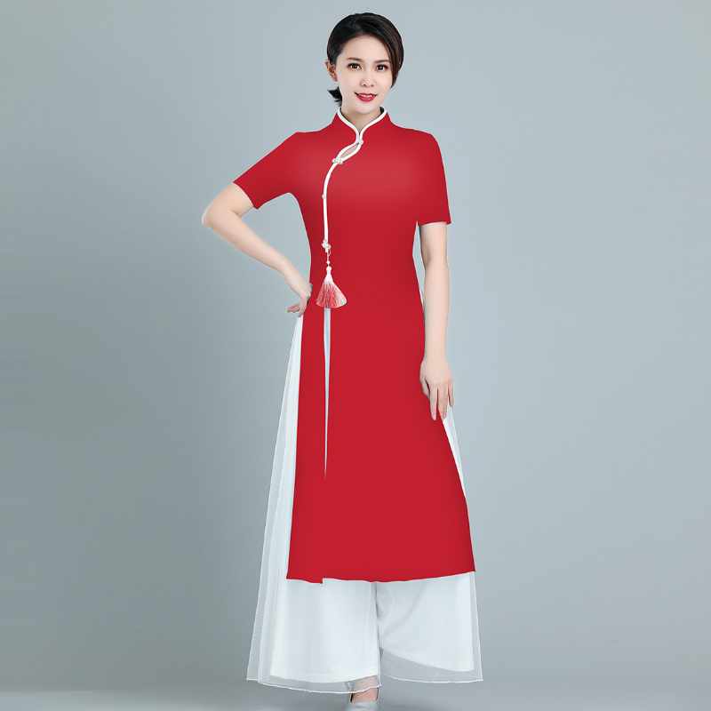 红色网纱高开叉演出服旗袍气质夏季复古长款修身走秀旗袍L5106-2