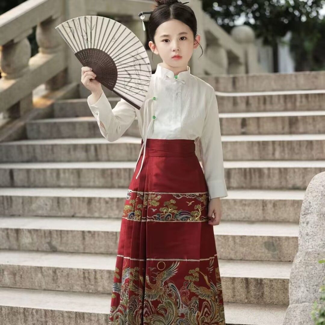 红色马面裙女童加绒新款国风新中式长袖中秋节汉服儿童唐