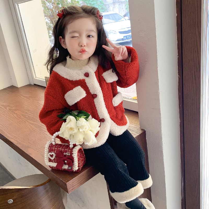 儿童套装2022新款女小童加绒毛毛衣女童圣诞拜年服红色外套冬