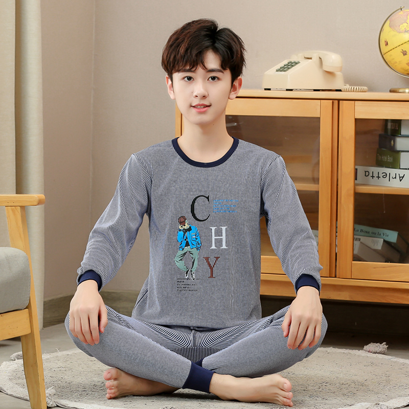 棉男士秋衣秋裤套装青少年秋低领棉毛衫棉春秋保暖内衣男孩条纹