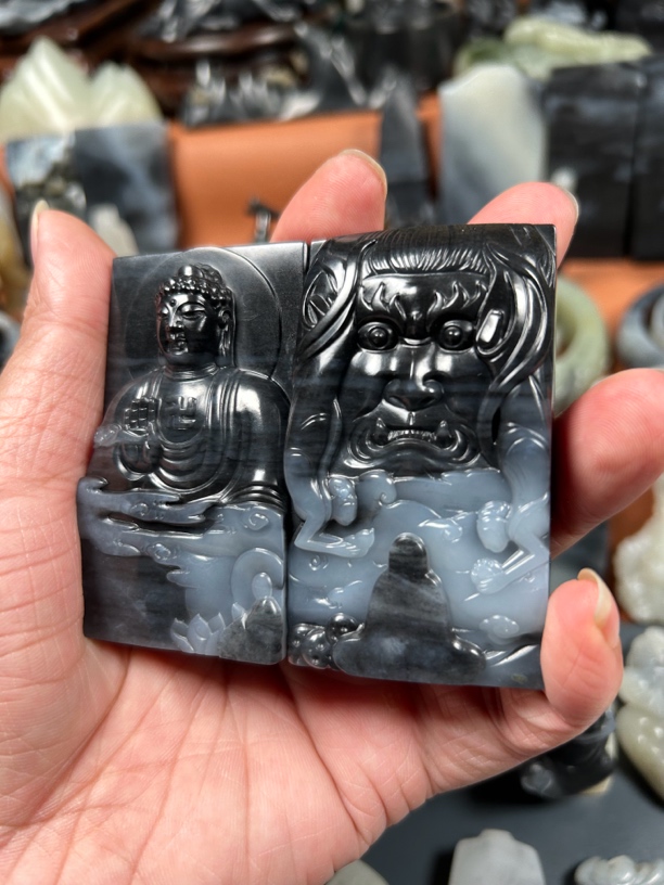 新疆和田玉籽料 青花牌子一念成佛一念成魔手吧牌 对牌手工雕刻男