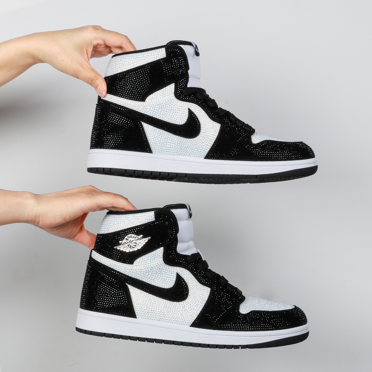 【球鞋定制】Nike/耐克Air Jordan1黑白熊猫高帮镶钻AJ休闲潮流定制