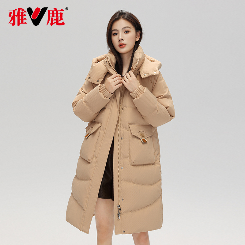 V/雅鹿秋冬新款羽绒服宽松外套中长款连帽可拆卸外套