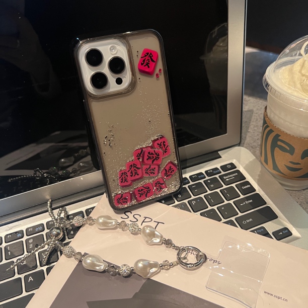 ins小众流沙闪粉玫红發發發麻将亚克力透黑色手机壳适用苹果16/15