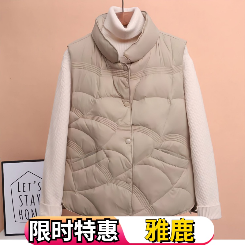 雅鹿2023短款白鸭绒轻巧保暖羽绒马甲立领压纹马夹背心羽绒服女轻