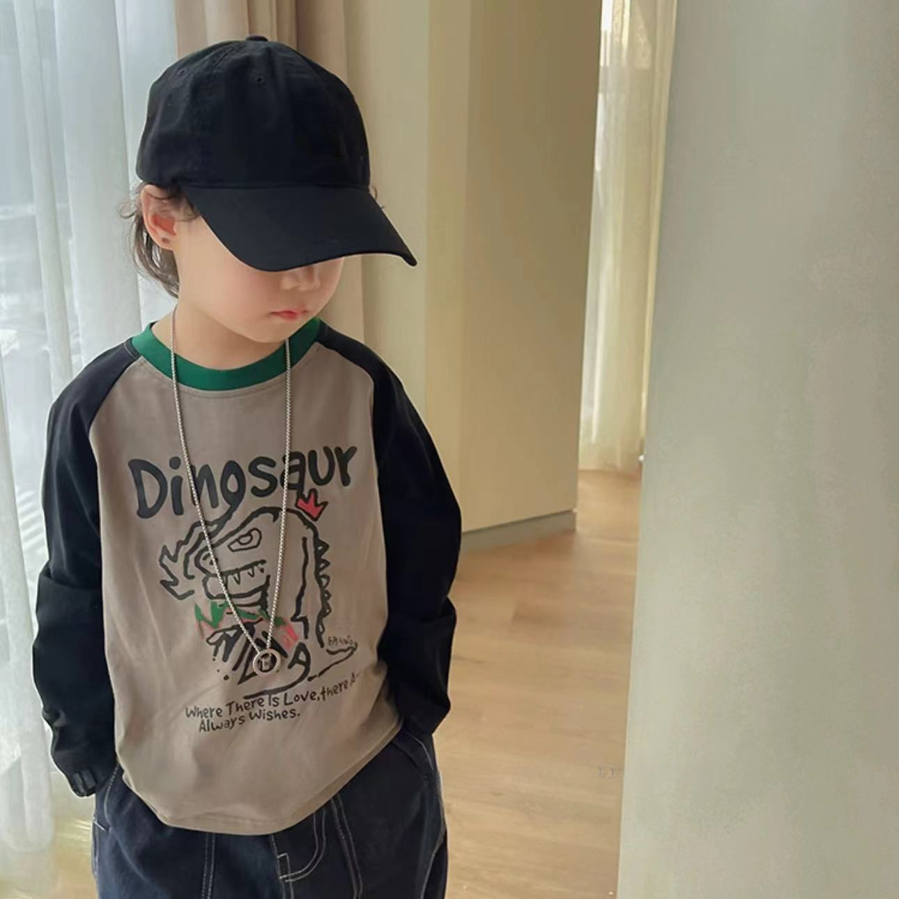 儿童春秋撞色恐龙长袖T恤2025年男童秋装时髦拼接百搭休闲上衣潮