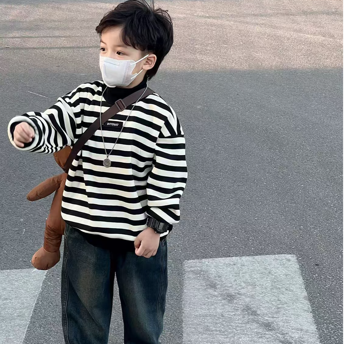 男童冬装一体绒半高领条纹卫衣儿童韩版男宝宝冬季百搭上衣加绒潮