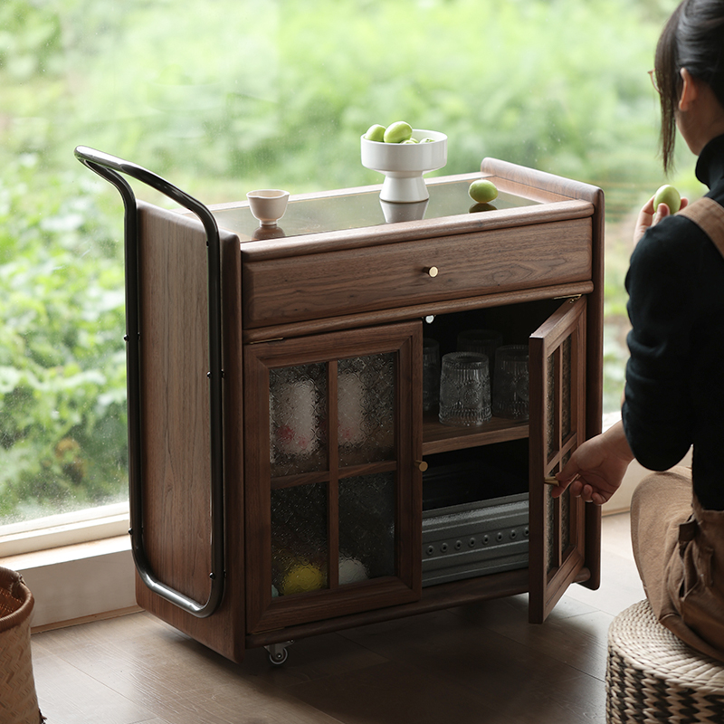 复古中古客厅实木沙发边几可移动茶几边柜侧边柜小推车床头收纳架