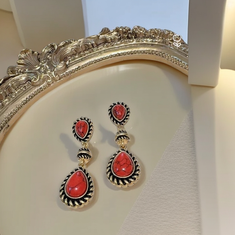 铜合金耳饰 复古宫廷风优雅红色水滴吊坠款