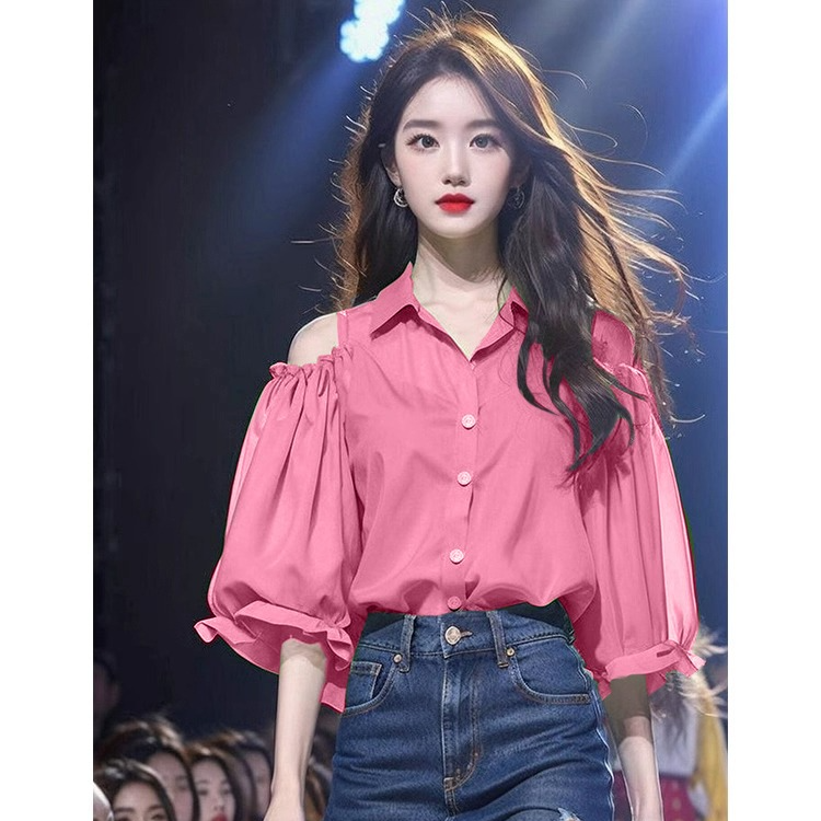 6107 春装女款2024年新款粉色露肩法式衬衫今年流行的漂亮小衫