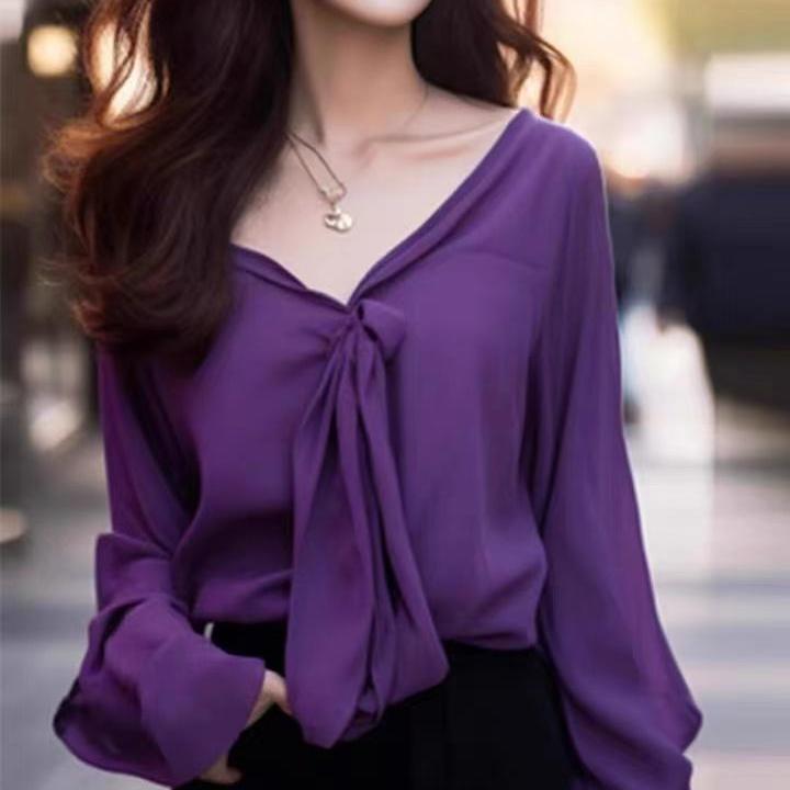 葡萄紫色长袖衬衫女设计感飘带暗紫色上衣早春款漂亮洋气小衫