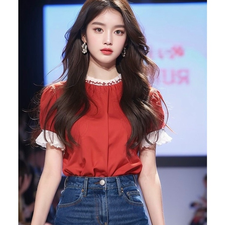 6762 早春盐系穿搭法式独特小上衣韩系别致漂亮短袖红色衬衫女