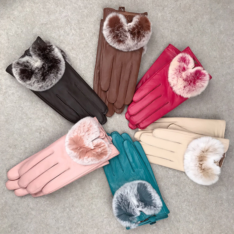 真皮羊皮彩獭兔毛秋冬加绒加厚抗寒保暖分指五指女士手套厂家批发