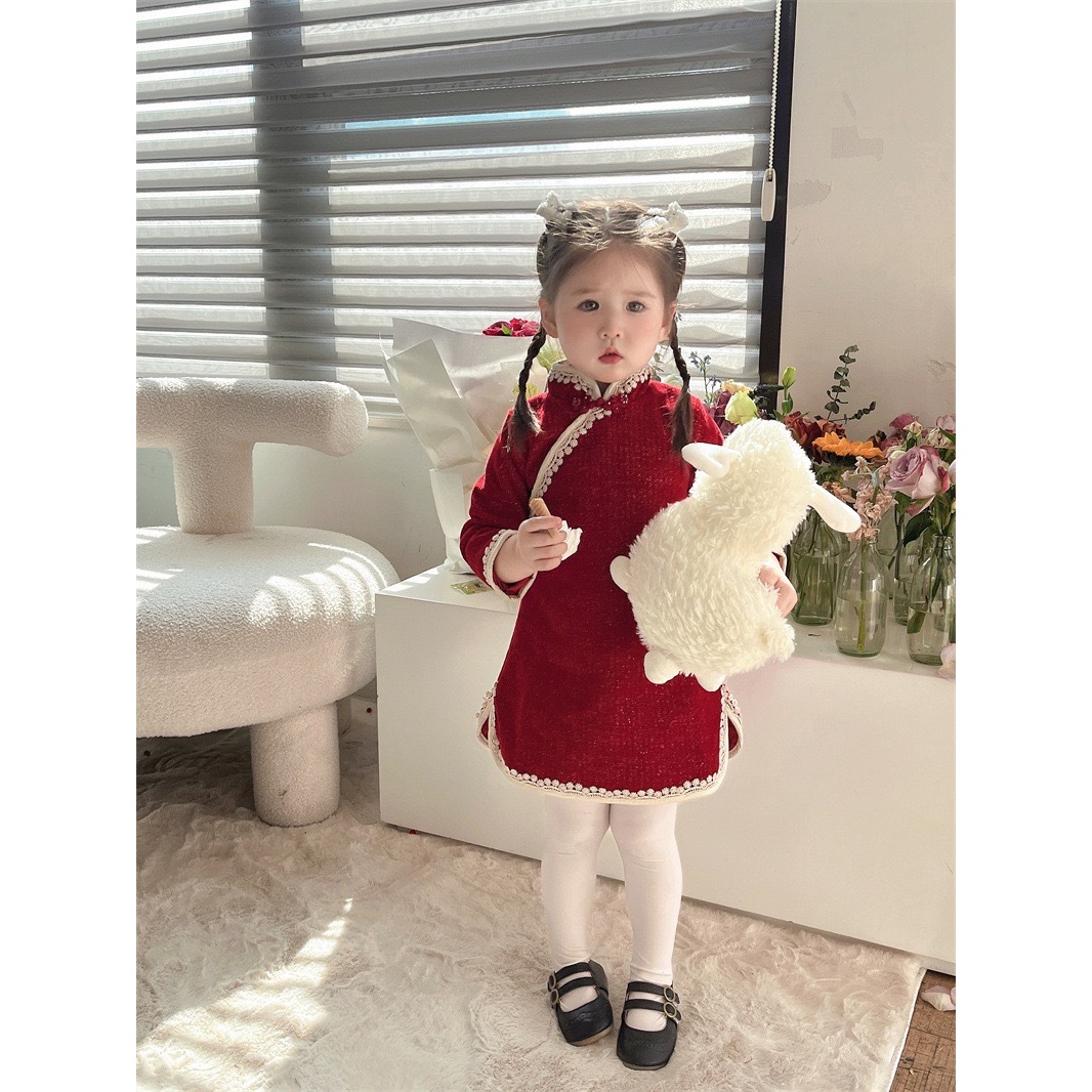 国风冬季连衣裙新款宝宝拜年衣服加绒旗袍裙子儿童盘扣汉服潮红色