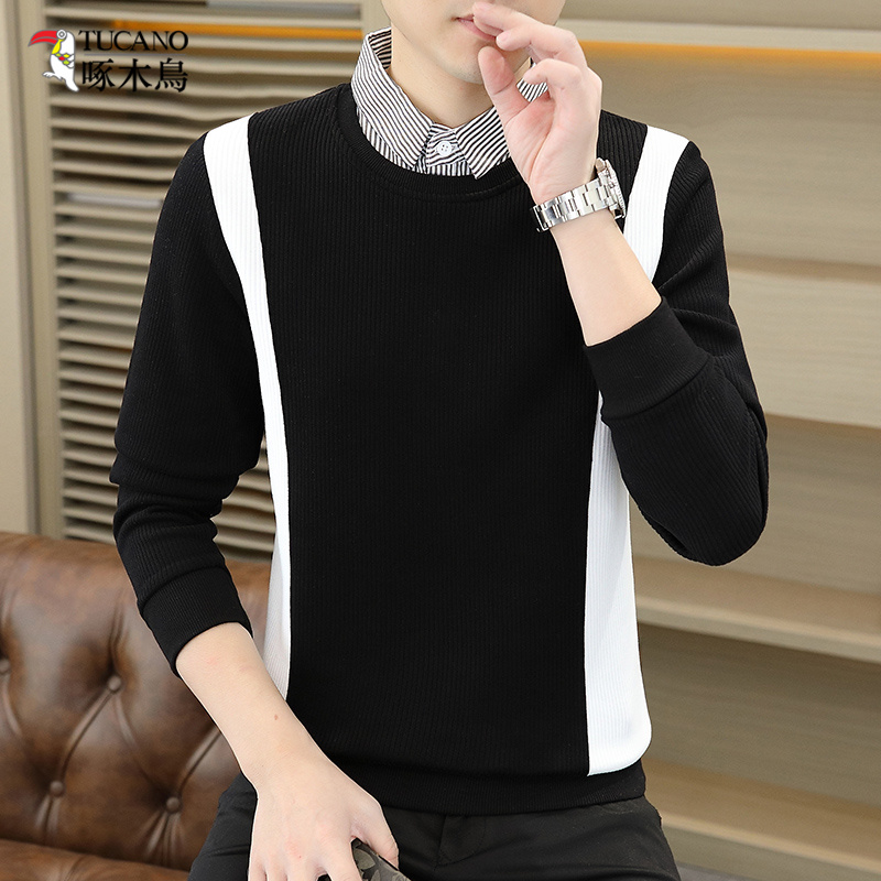 啄木鸟假两件毛衣男衬衫领卫衣秋冬季新款时尚长袖男打底针织衫服