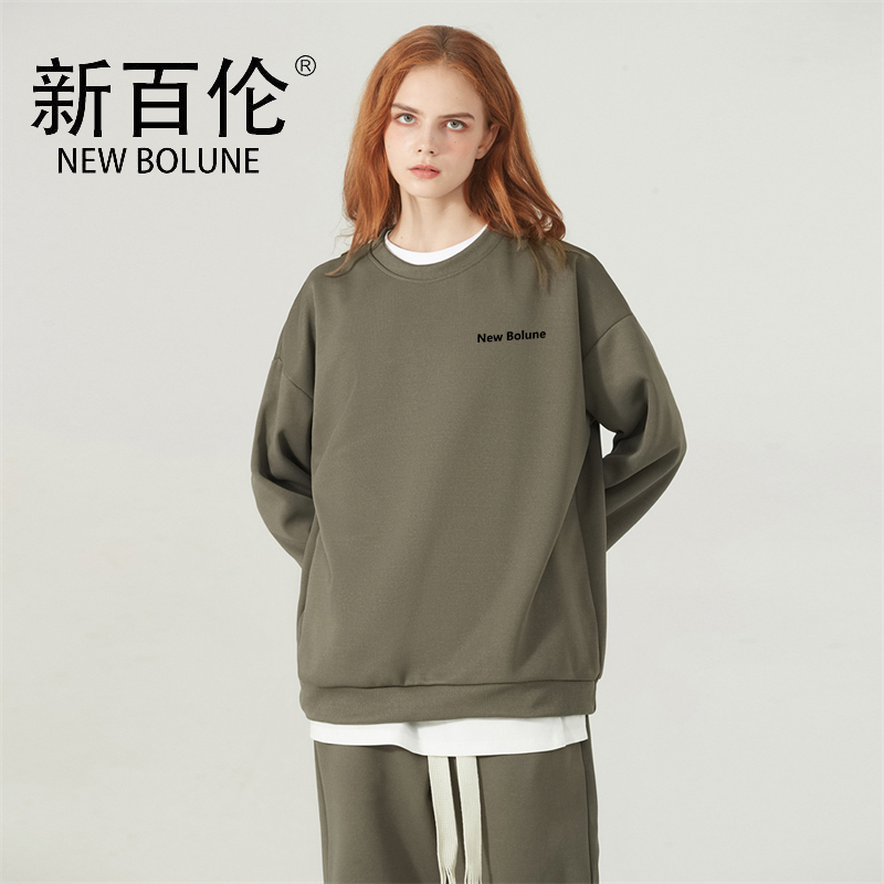 NEWBOLUNE/新百伦早秋圆领卫衣男士春秋400g重磅情侣宽松上衣服