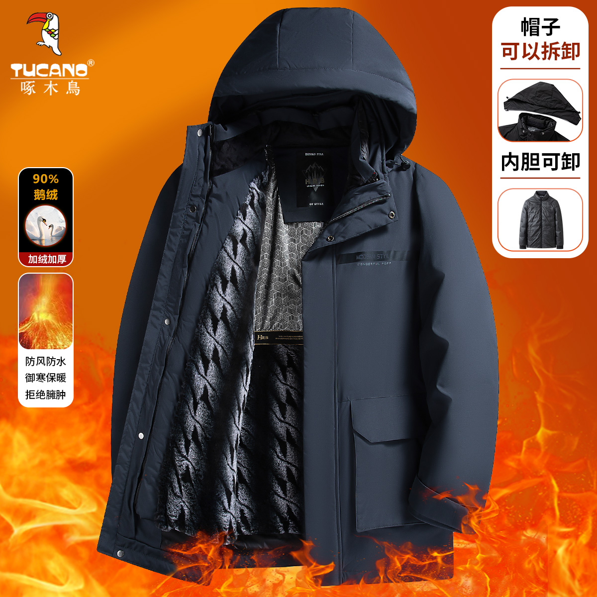 【90鹅绒加绒内胆可拆卸】啄木鸟冬季保暖鹅绒服男士羽绒服外套8315