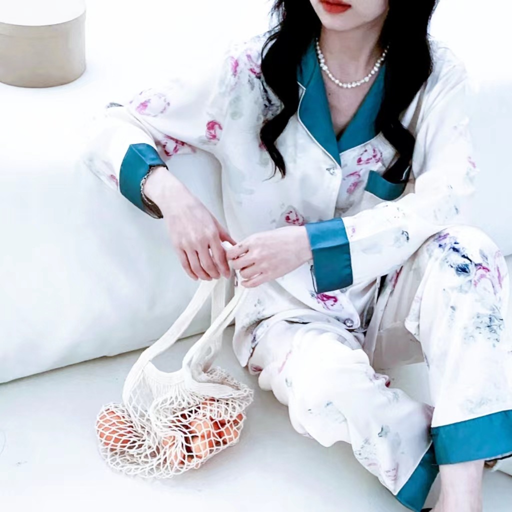 春夏新款拼色丝调软冰丝睡衣套装高档长袖宽松韩版家居服郁金香