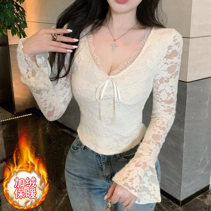 秋冬性感蕾丝T恤女长袖修身收腰显瘦蕾丝打底衫洋气外穿紧身上衣