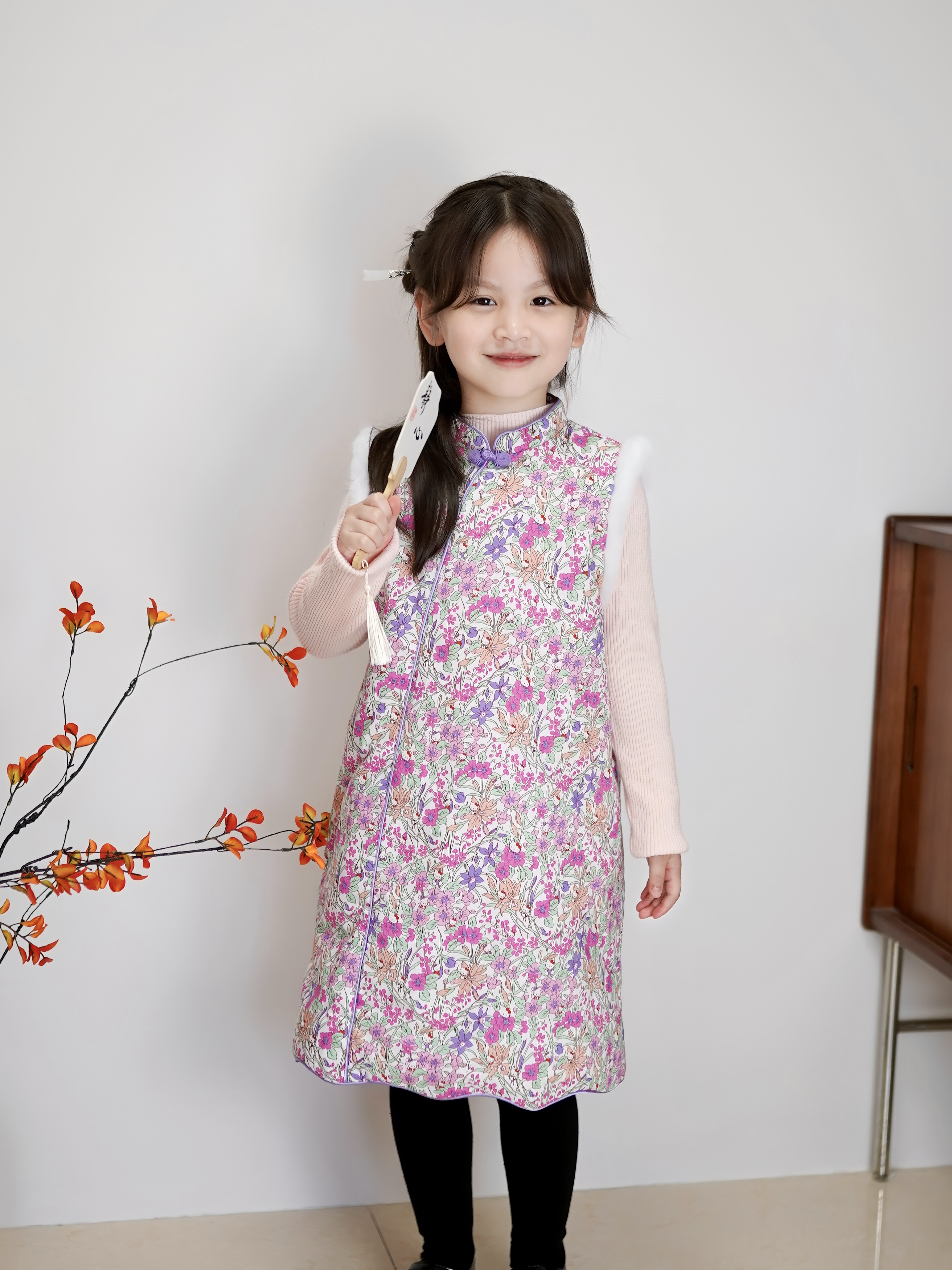 紫色【Kitty】女童全棉印花 秋冬夹棉中式无袖旗袍裙 新年服马甲裙
