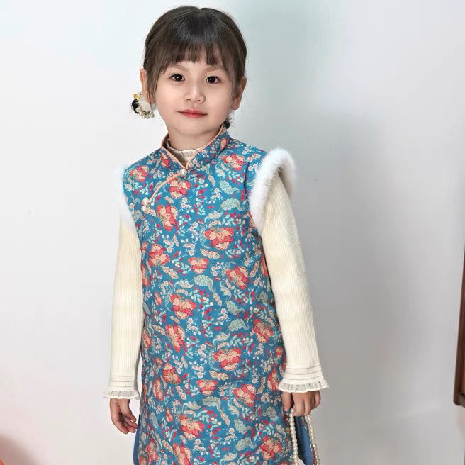豆蔻【毛毛】夹棉女童中式旗袍 秋冬季棉袄 复古新中式马甲裙拜年服