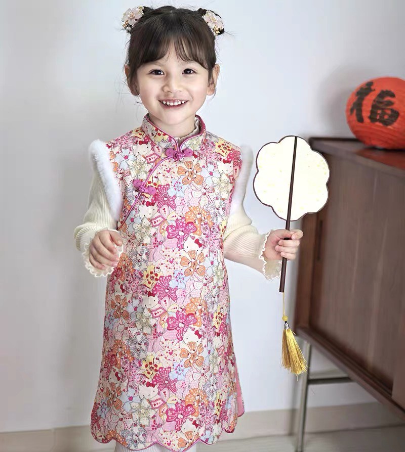 【kitty猫】粉色儿童夹棉旗袍 女童中式马甲裙秋冬 国风拜年服新年