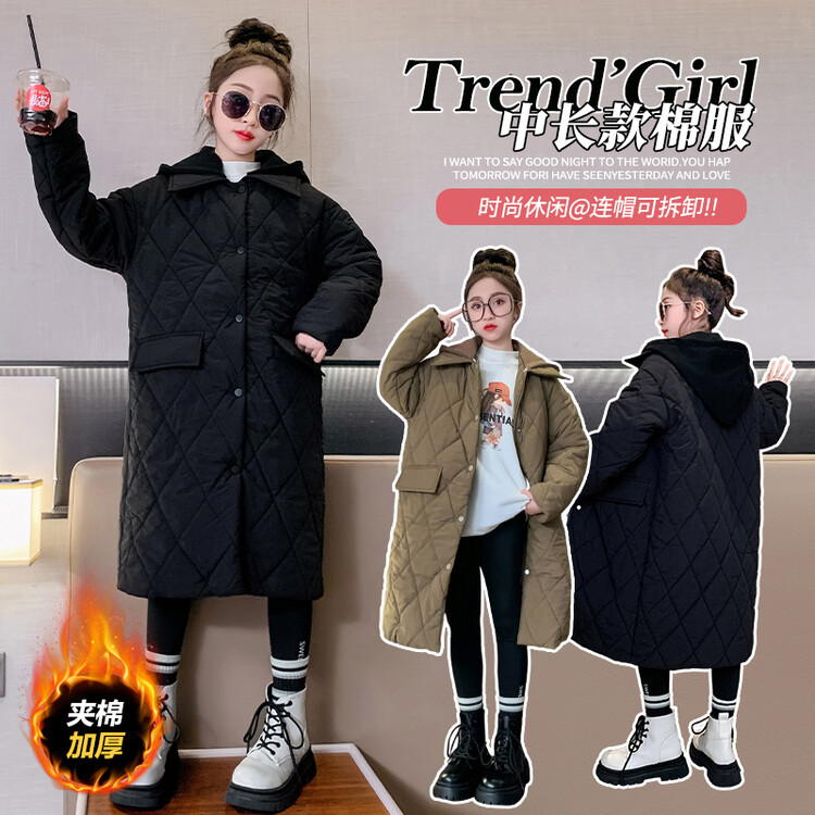 女童棉衣长款过膝冬季新款儿童装棉服冬装加厚女大童夹棉外套
