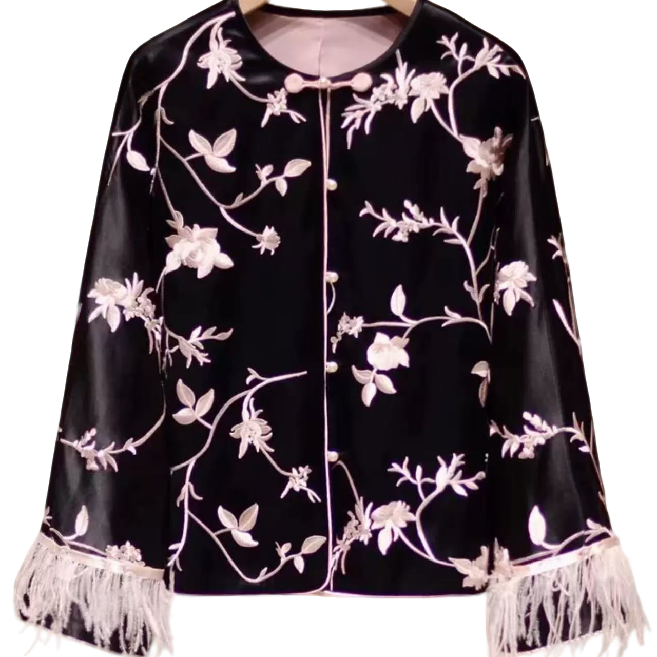 2025新款鸵鸟毛刺绣醋酸新中式外套复古国潮改良时尚上衣