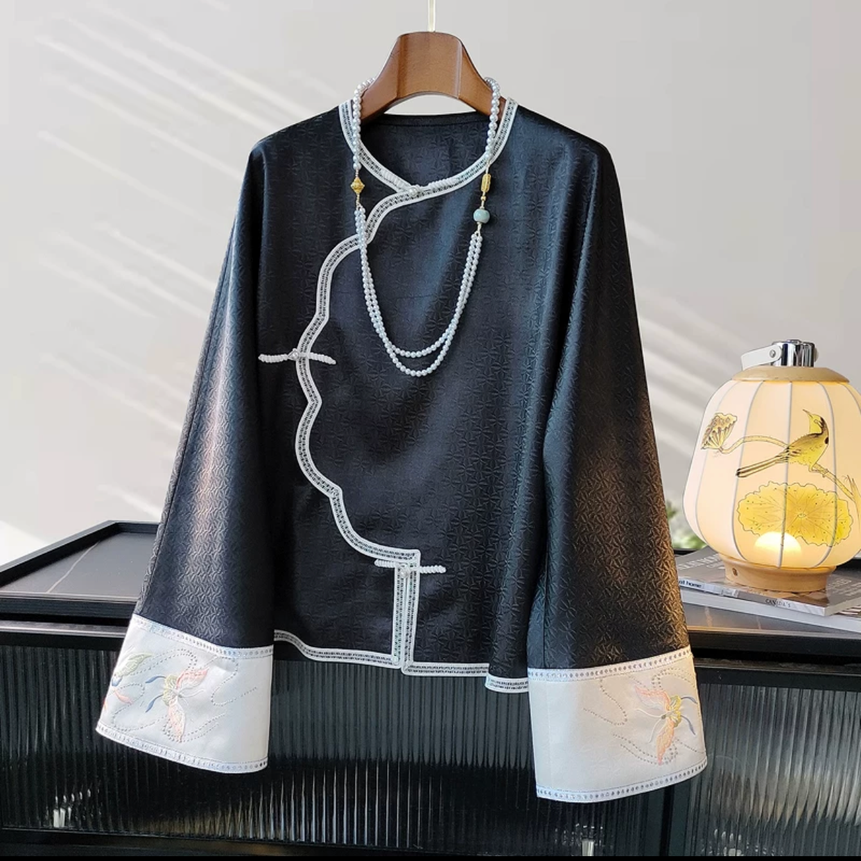 100分三醋酸国潮新中式斜襟哦暗扣设计师款上衣长袖2025秋季新款