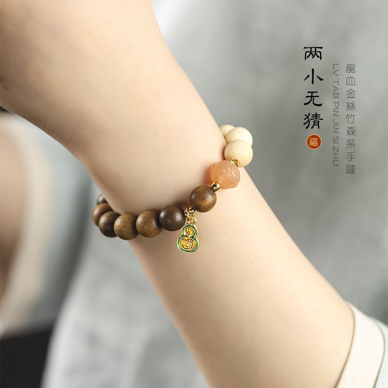 绿檀木拼接龙血金丝竹手串景泰蓝福禄吉祥葫芦男女情侣款文玩手链