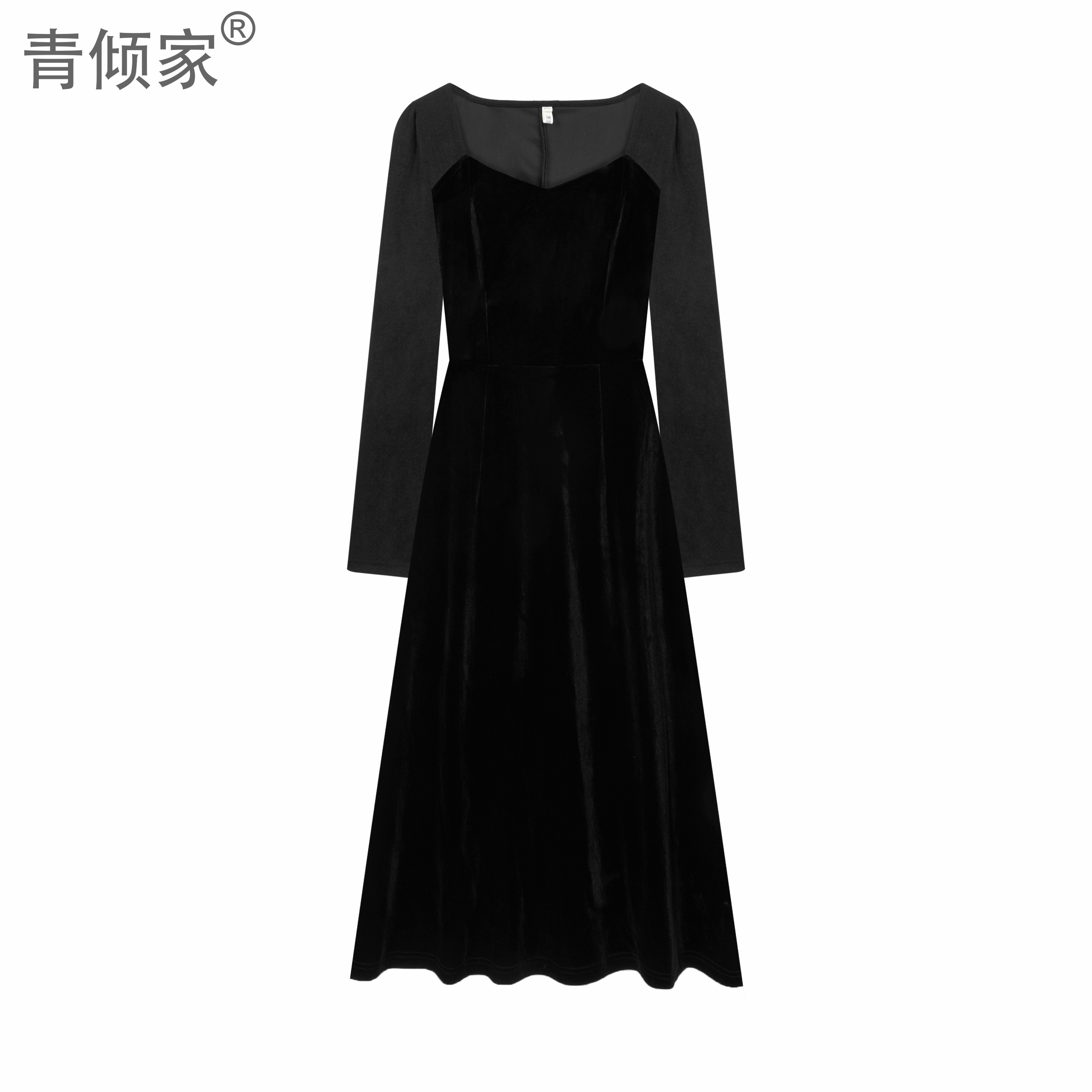 青倾家【冬末晚风】冬季法式气质方领拼接收腰丝绒裙高级感连衣裙