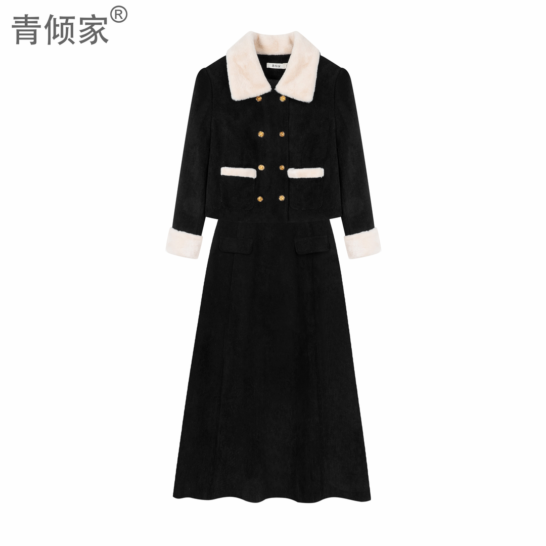 冬季黑色小香风套装女加厚灯芯绒外套气质两件套【青倾家】秋冬轻奢