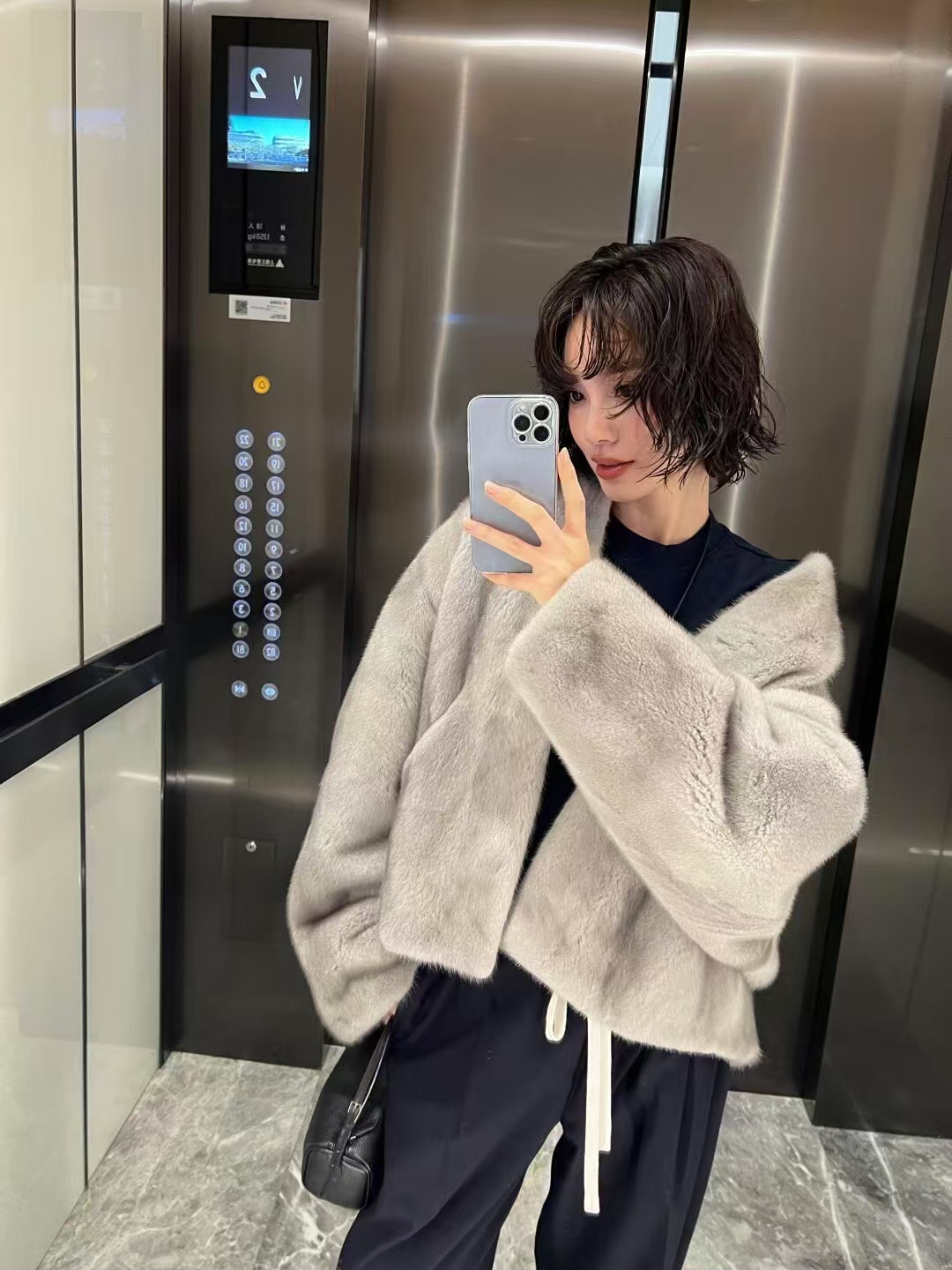 【丹妮】2321新款女士立领时尚进口短二休闲减龄水貂外套