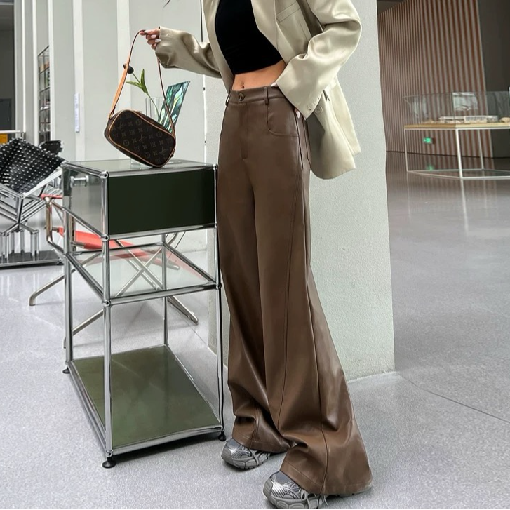 丹妮同款2024春秋冬新款垂感宽松廓形咖啡色皮裤